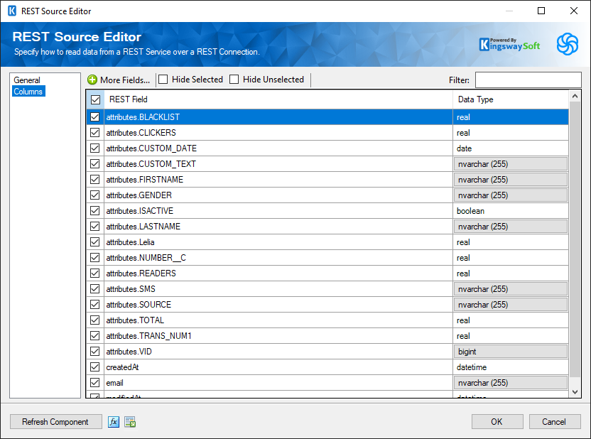 SSIS Sendinblue Source Component - Columns